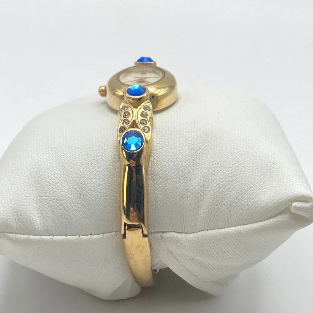 Alto Women's Watch 19mm Gold Tone Blue Crystals Cuff Oval New Battery 6.25